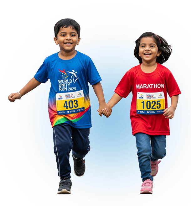 Happy young runners in orange and white World Unity Run 2025 