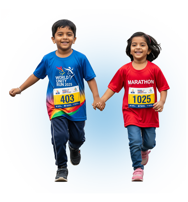 Happy young runners in orange and white World Unity Run 2025 