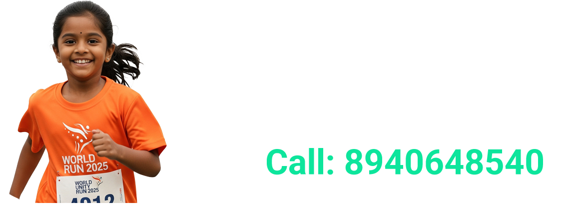 young girl smiling and running in an orange 'world unity run 2025' shirt, next to text that reads 'for more details, call: 8940648540'